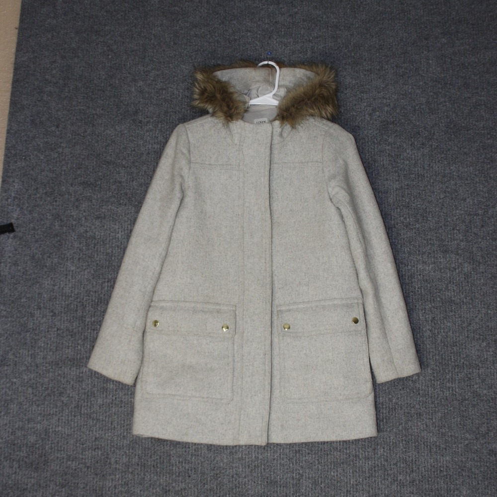 J.Crew Chateau Parka Womens 00 Gray Wool Blend Faux Fur Hood Outerwear Coat